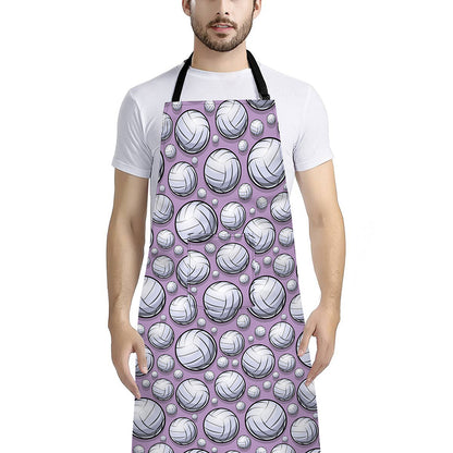 Purple And White Volleyball Print Bib Apron With Pocket