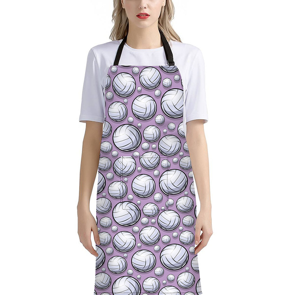 Purple And White Volleyball Print Bib Apron With Pocket