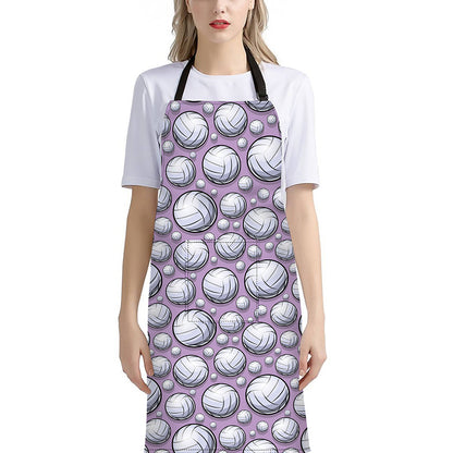 Purple And White Volleyball Print Bib Apron With Pocket