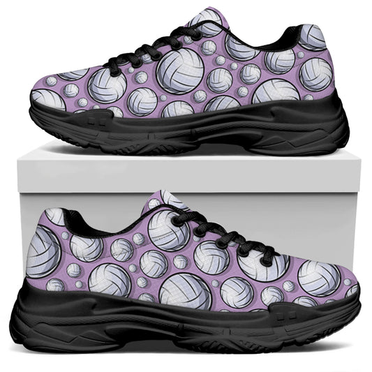 Purple And White Volleyball Print Black Chunky Shoes