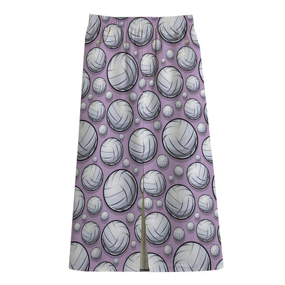 Purple And White Volleyball Print Cotton Front Slit Maxi Skirt