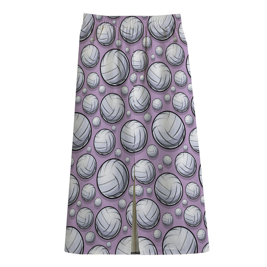 Purple And White Volleyball Print Cotton Front Slit Maxi Skirt