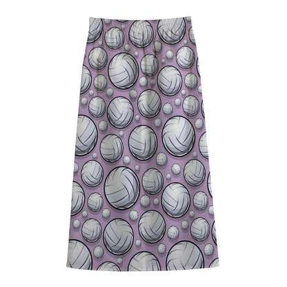 Purple And White Volleyball Print Cotton Front Slit Maxi Skirt