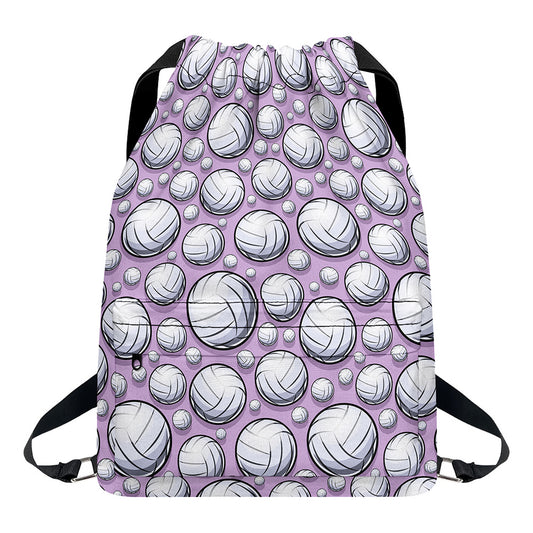 Purple And White Volleyball Print Drawstring Backpack