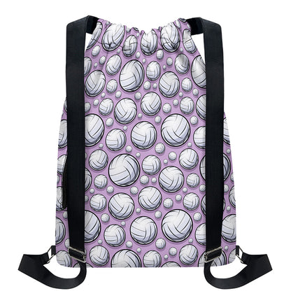 Purple And White Volleyball Print Drawstring Backpack