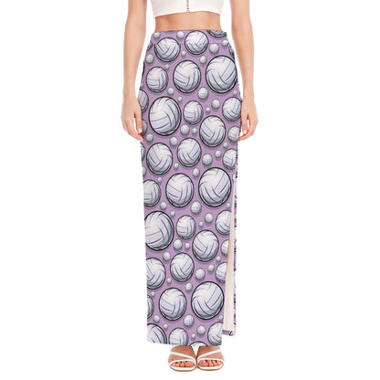 Purple And White Volleyball Print High Slit Maxi Skirt