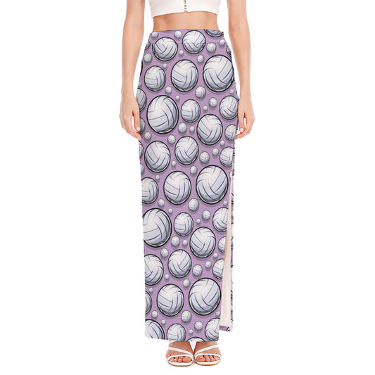 Purple And White Volleyball Print High Slit Maxi Skirt