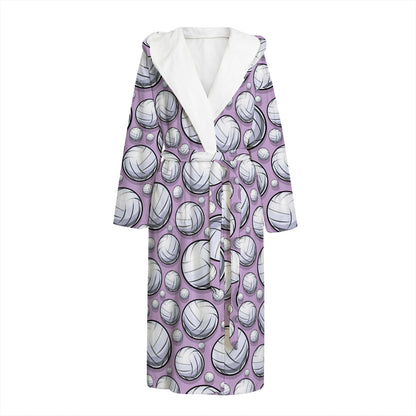 Purple And White Volleyball Print Hooded Bathrobe
