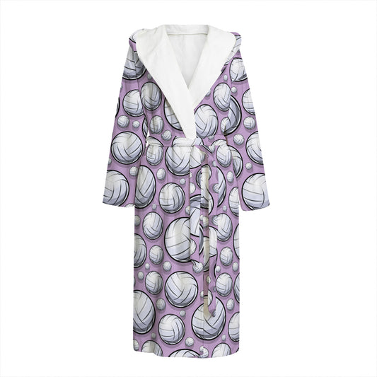 Purple And White Volleyball Print Hooded Bathrobe