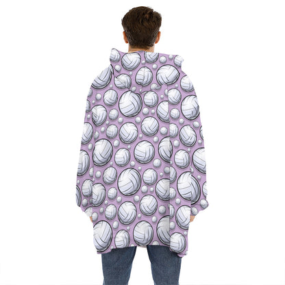 Purple And White Volleyball Print Hoodie Blanket