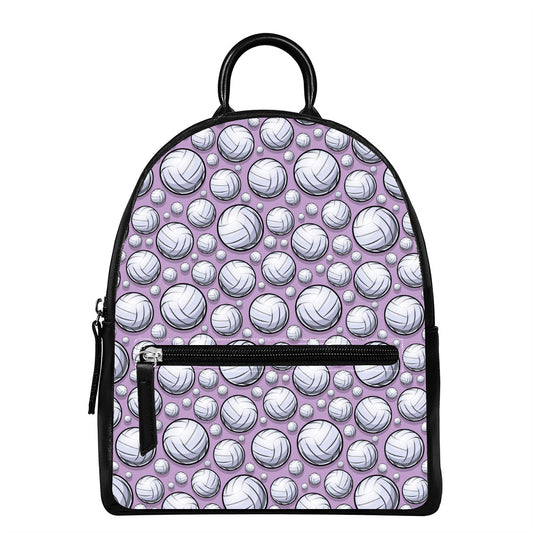 Purple And White Volleyball Print Leather Backpack