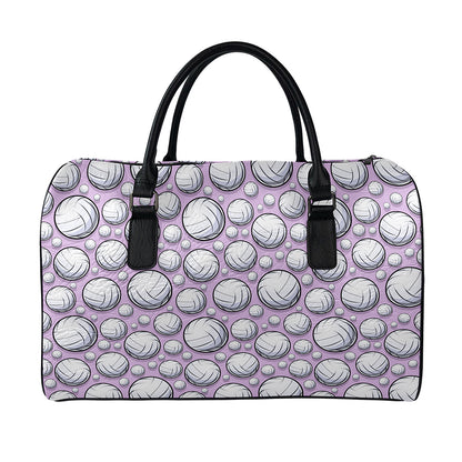 Purple And White Volleyball Print Leather Duffle Bag