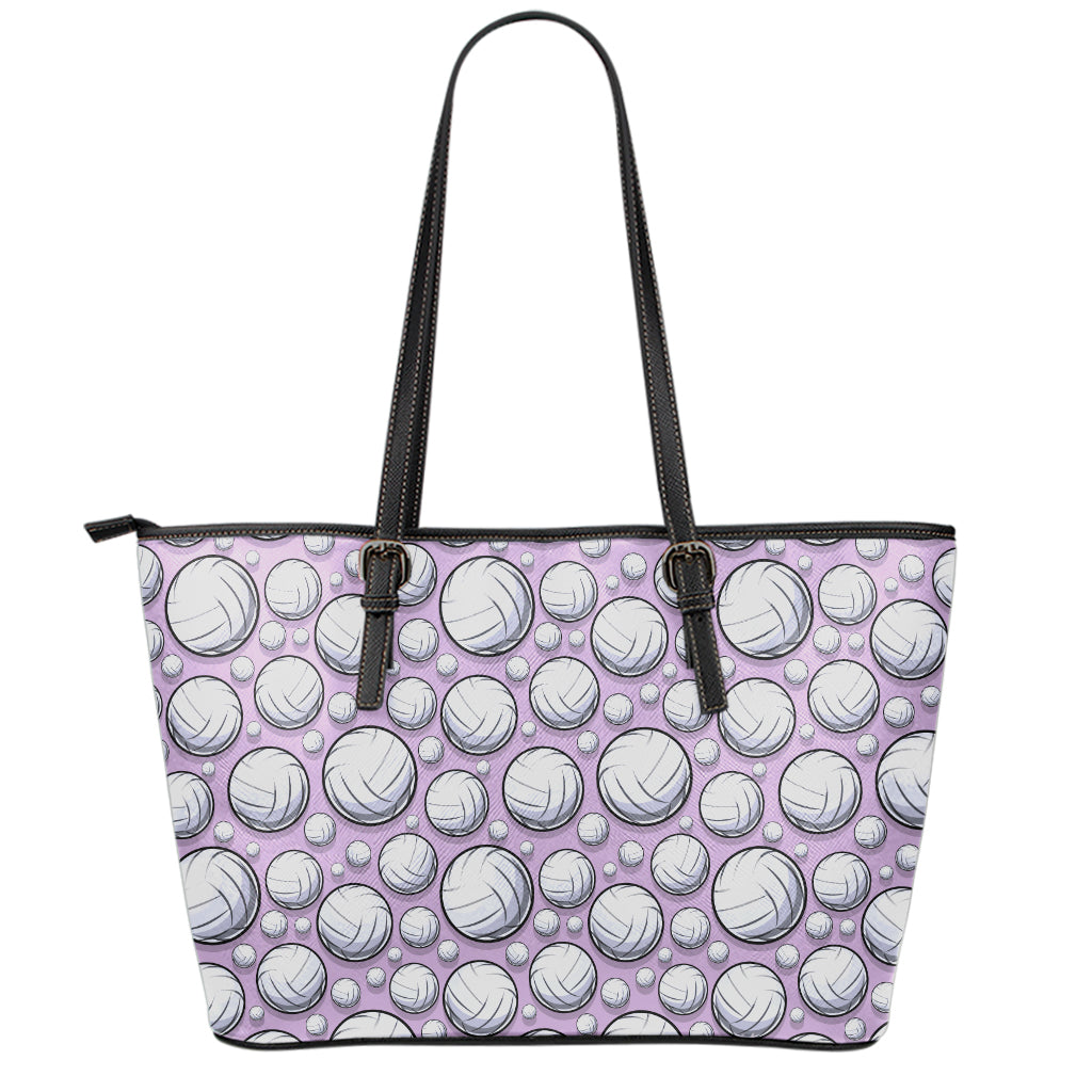 Purple And White Volleyball Print Leather Tote Bag