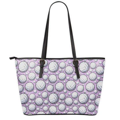 Purple And White Volleyball Print Leather Tote Bag