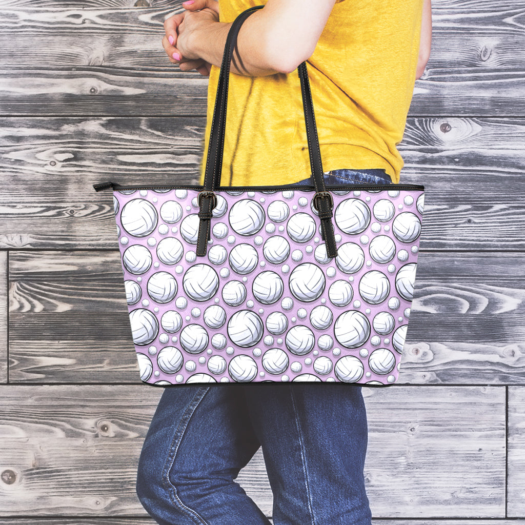 Purple And White Volleyball Print Leather Tote Bag