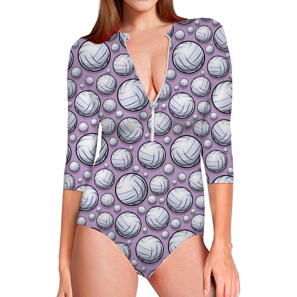 Purple And White Volleyball Print Long Sleeve Swimsuit