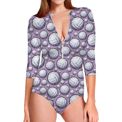 Purple And White Volleyball Print Long Sleeve Swimsuit
