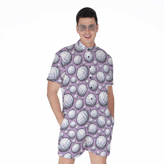 Purple And White Volleyball Print Men's Rompers