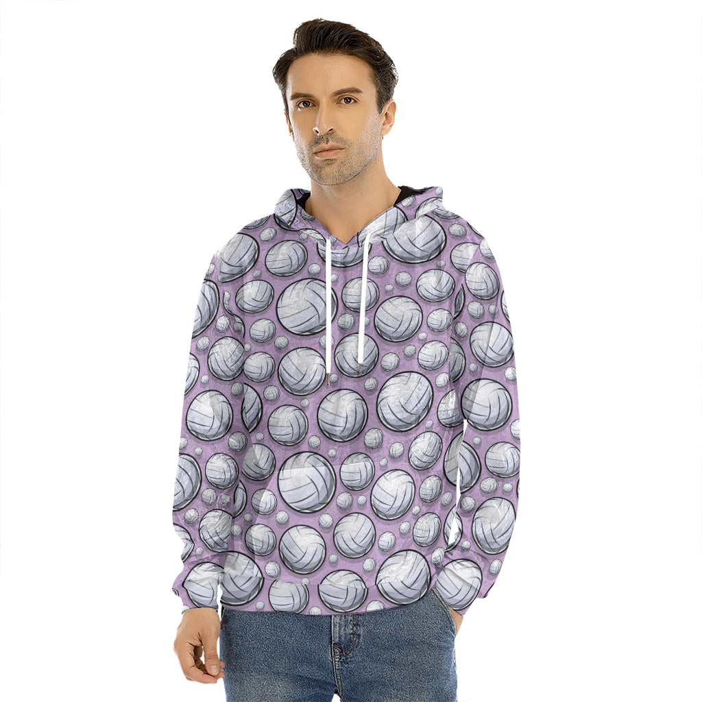 Purple And White Volleyball Print Men's Velvet Pullover Hoodie