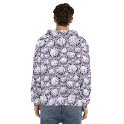 Purple And White Volleyball Print Men's Velvet Pullover Hoodie