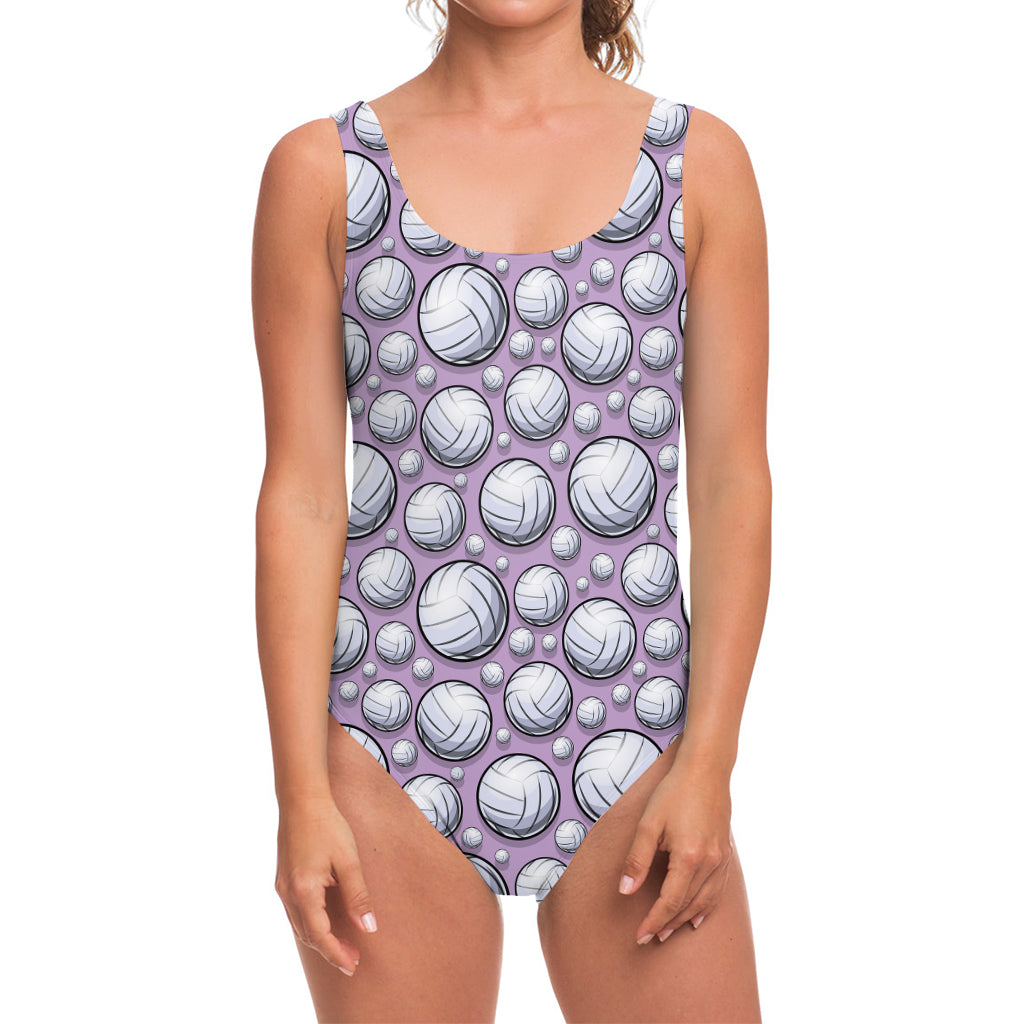 Purple And White Volleyball Print One Piece Swimsuit