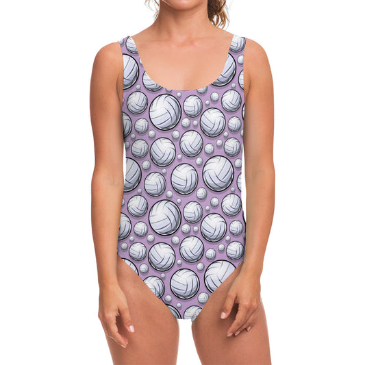Purple And White Volleyball Print One Piece Swimsuit