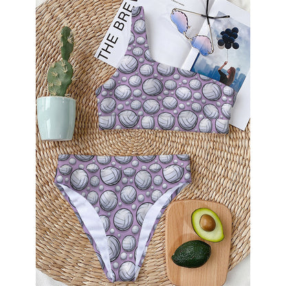 Purple And White Volleyball Print One Shoulder Bikini Top