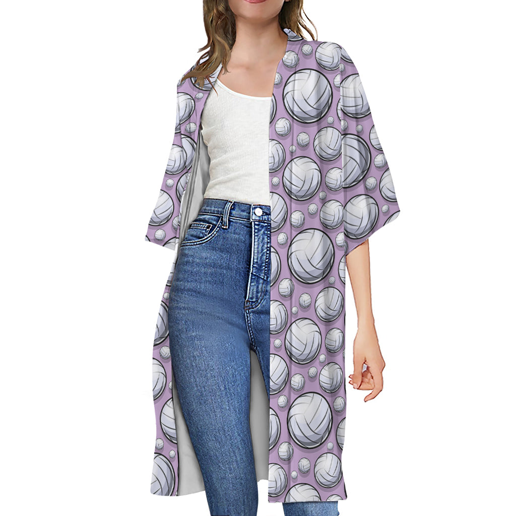 Purple And White Volleyball Print Open Front Beach Cover Up