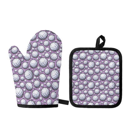 Purple And White Volleyball Print Oven Mitt And Pot Holder Set