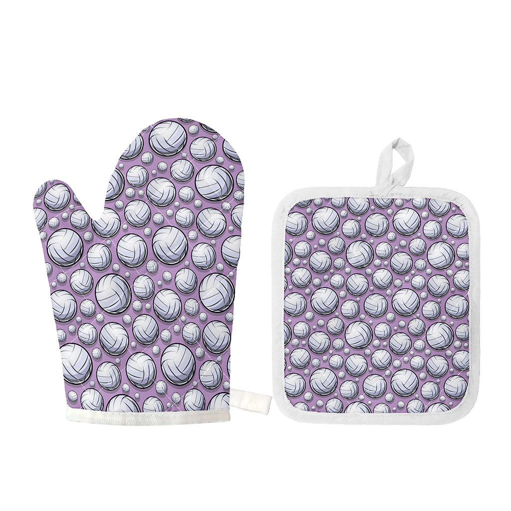 Purple And White Volleyball Print Oven Mitt And Pot Holder Set