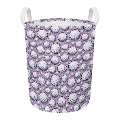 Purple And White Volleyball Print Round Laundry Basket