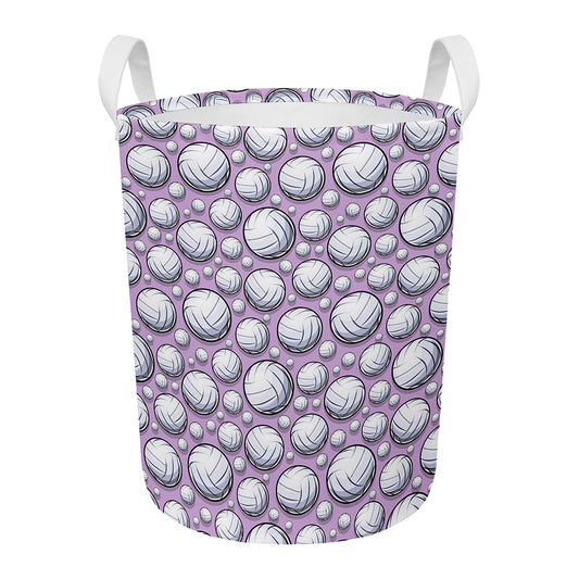 Purple And White Volleyball Print Round Laundry Basket