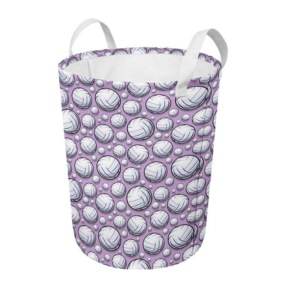 Purple And White Volleyball Print Round Laundry Basket