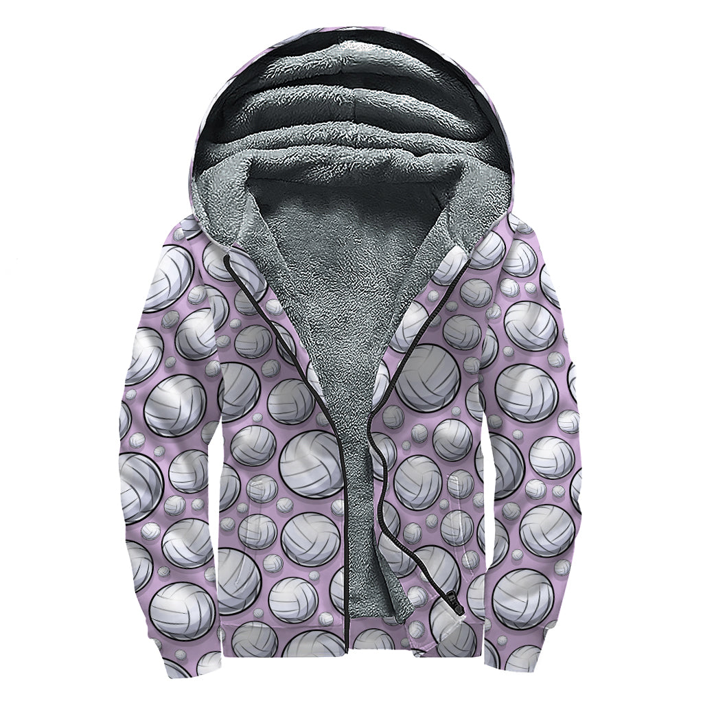 Purple And White Volleyball Print Sherpa Lined Zip Up Hoodie
