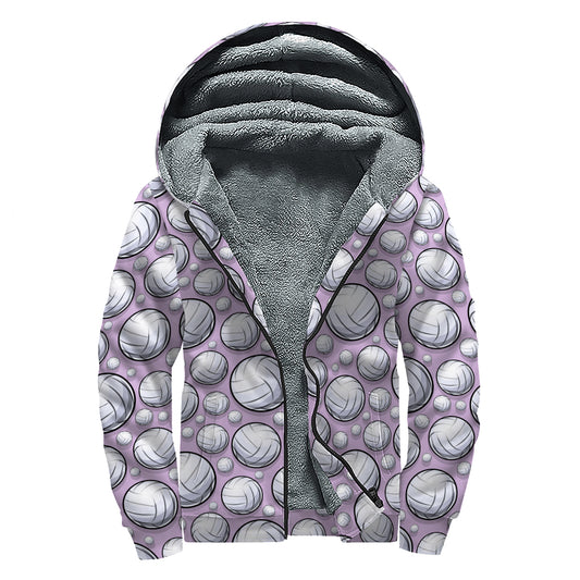 Purple And White Volleyball Print Sherpa Lined Zip Up Hoodie