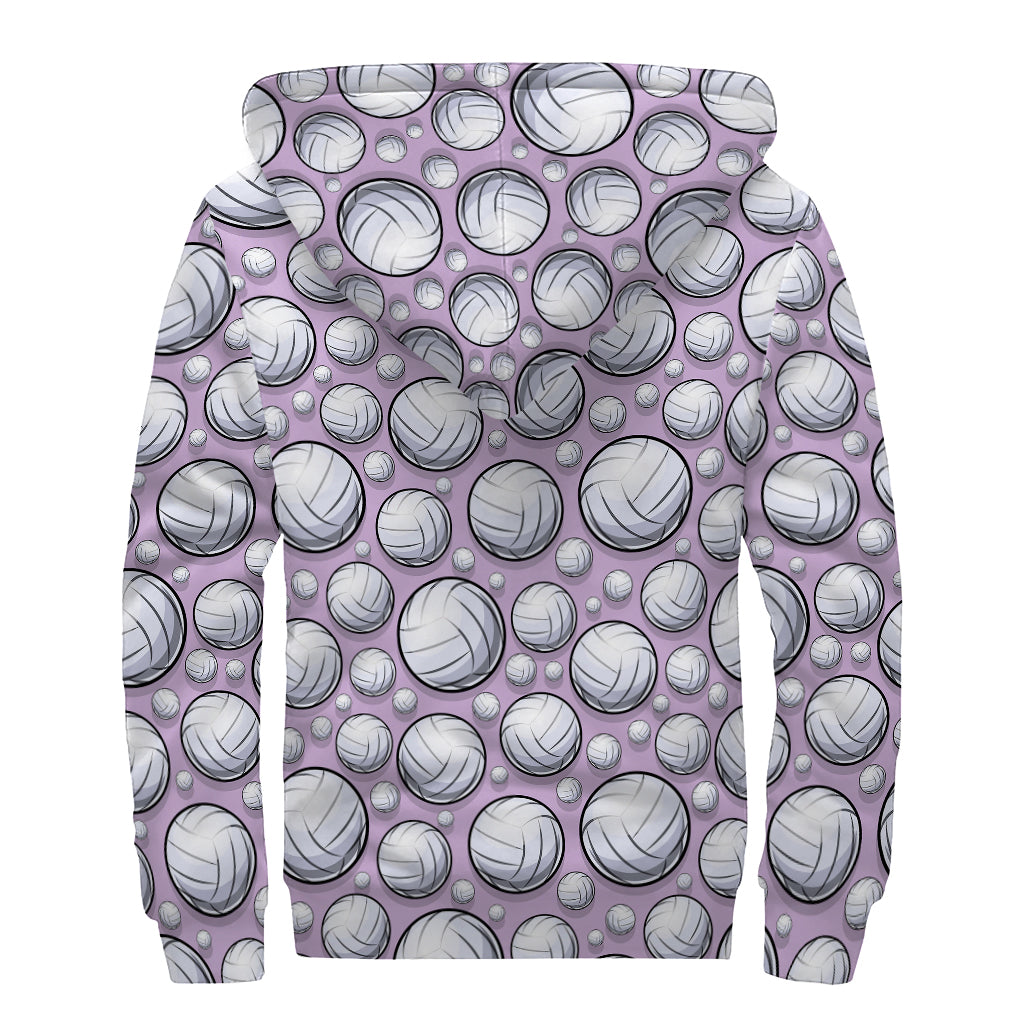 Purple And White Volleyball Print Sherpa Lined Zip Up Hoodie