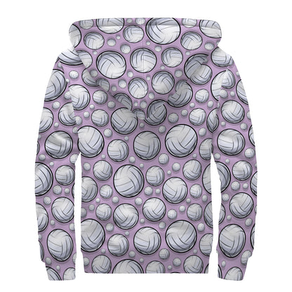 Purple And White Volleyball Print Sherpa Lined Zip Up Hoodie