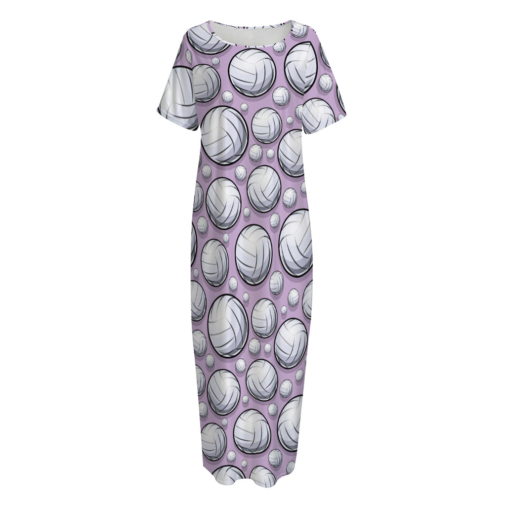 Purple And White Volleyball Print Short Sleeve Long Nightdress