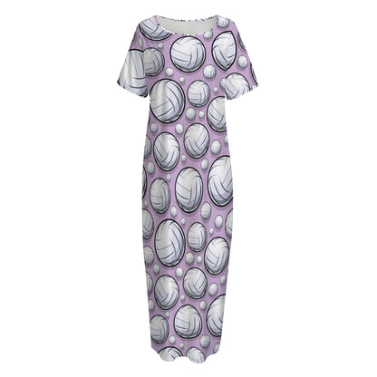 Purple And White Volleyball Print Short Sleeve Long Nightdress
