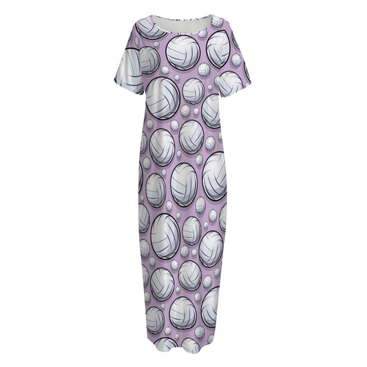 Purple And White Volleyball Print Short Sleeve Long Nightdress