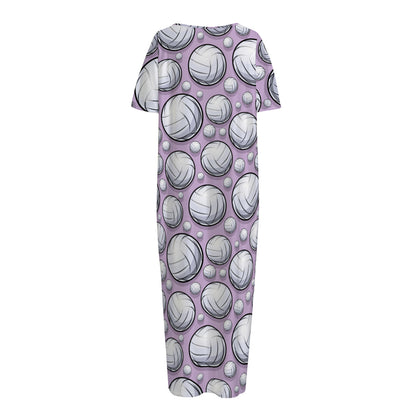 Purple And White Volleyball Print Short Sleeve Long Nightdress