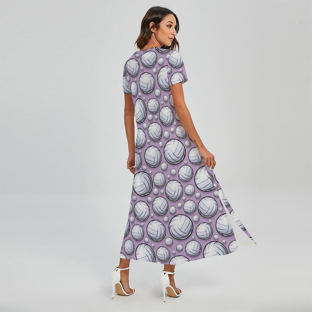 Purple And White Volleyball Print Short Sleeve Maxi Dress