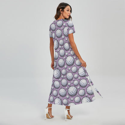 Purple And White Volleyball Print Short Sleeve Maxi Dress