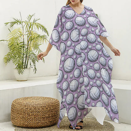 Purple And White Volleyball Print Silk V-Neck Kaftan Dress