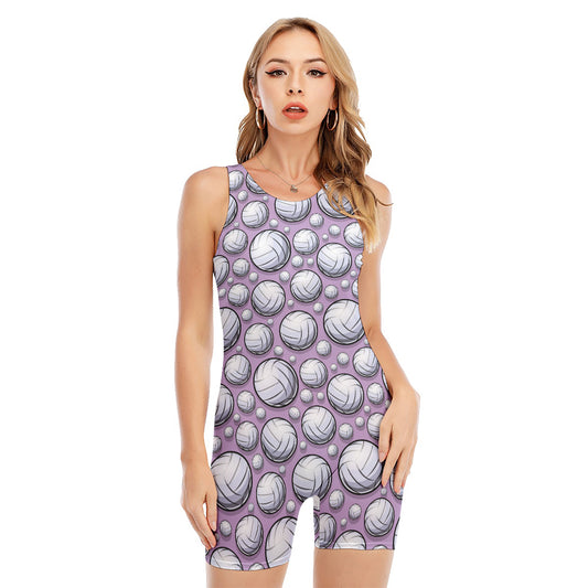 Purple And White Volleyball Print Sleeveless One Piece Swimsuit