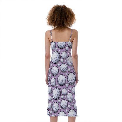 Purple And White Volleyball Print Slim Fit Midi Cami Dress