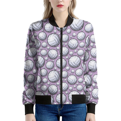 Purple And White Volleyball Print Women's Bomber Jacket