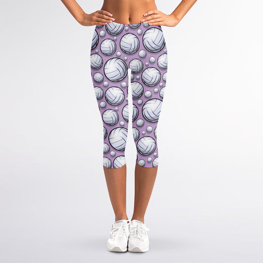 Purple And White Volleyball Print Women's Capri Leggings