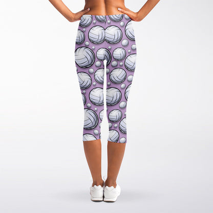 Purple And White Volleyball Print Women's Capri Leggings