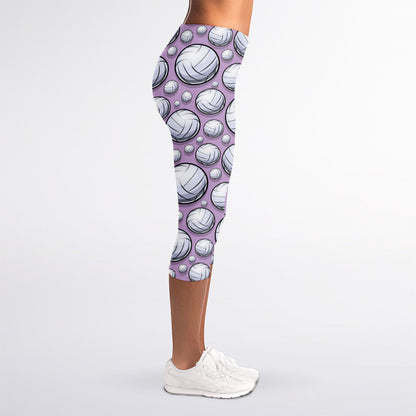 Purple And White Volleyball Print Women's Capri Leggings